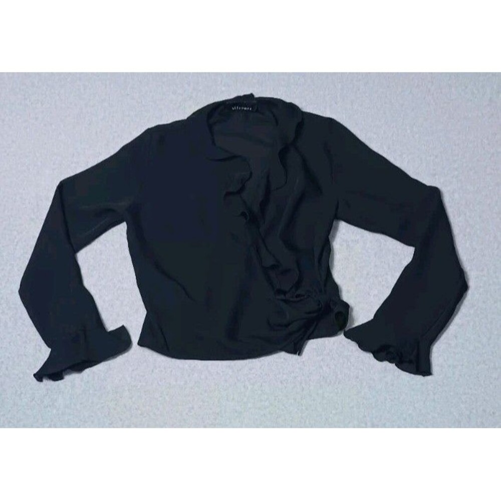 Mirrors Long Sleeve Ruffled Wrap Blouse M Black Whimsigoth Dark Fairy Grunge Y2K